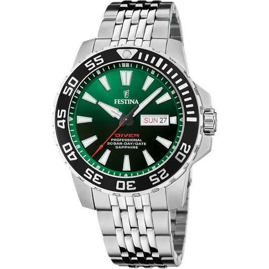 Festina Taucheruhr für Herren mit grünem Zifferblatt und Edelstahlarmband