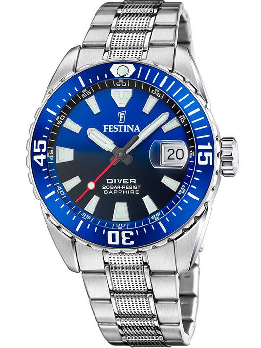 Herren-Taucheruhr mit blauem Zifferblatt, silbernem Edelstahlband und Ziffernring; FESTINA