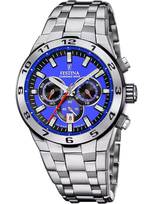 Męski zegarek Festina typu chronograf z niebieską tarczą i bransoletą ze stali szlachetnej
