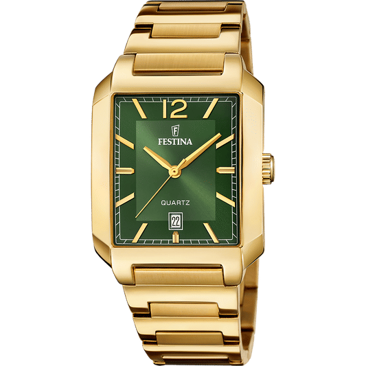 Herrenarmbanduhr mit grünem quadratischem Zifferblatt und goldfarbenem Metallarmband, Quarz
