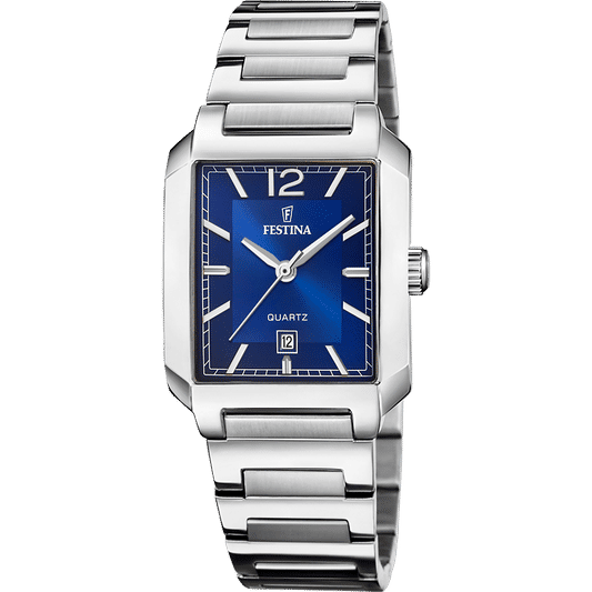 Festina Damenuhr mit eckigem silbernem Gehäuse, blauem Zifferblatt und Quarz.