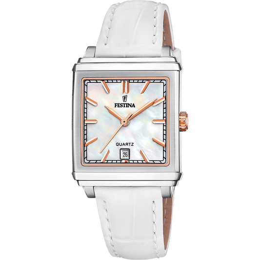 Festina Damenuhr mit rechteckigem Gehäuse, weißem Lederarmband und hellblauem Zifferblatt