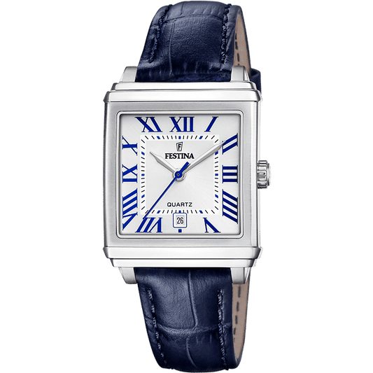 Festina Damenuhr blaues Lederarmband silbernes Gehäuse analoges Quartz-Zifferblatt