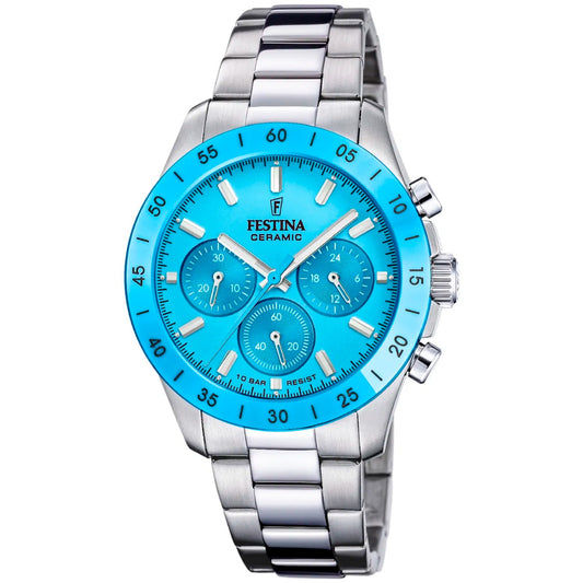 Damski zegarek Festina Chronograph z turkusową tarczą i bransoletą ze stali szlachetnej