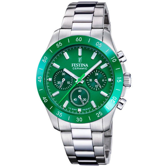 Zegarek damski Festina z zieloną tarczą, chronografem, metalową bransoletą i ceramicznym pierścieniem lunety