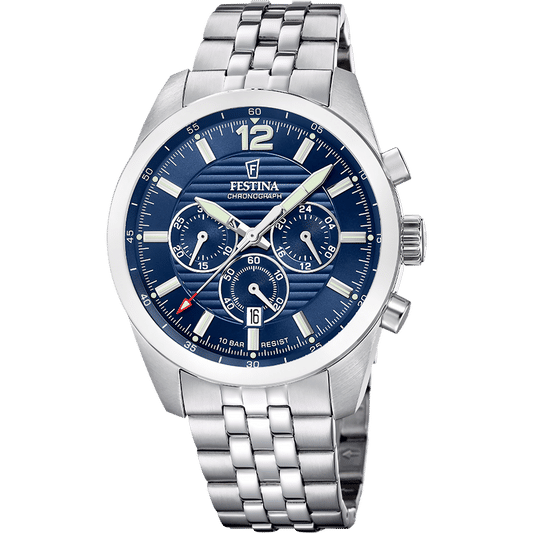 Festina Herrenuhr-Chronograph mit Edelstahlarmband und blauem Zifferblatt, Datumsanzeige