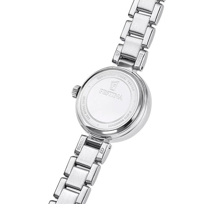 Damenarmbanduhr Rückseite, rundes Edelstahlgehäuse mit Aufdruck und silbernes Metallarmband