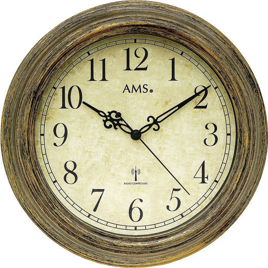 AMS Wall Clock 30 cm Ø Plastic • Radio-Controlled Precision • Antique Wood Look