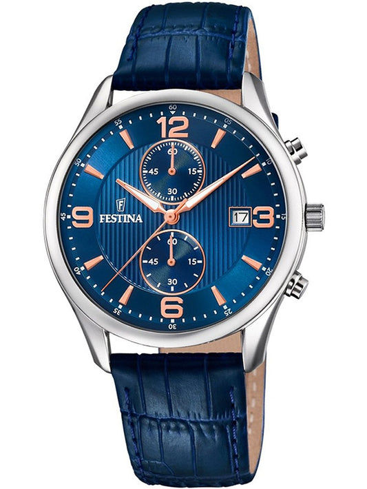 Festina Timeless Chronograph F6855/6 Herren • Blaues Lederarmband • Mineralglas