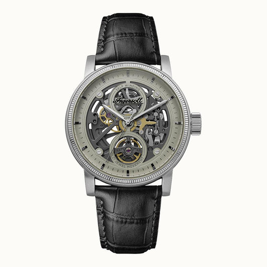 Ingersoll Herrenarmbanduhr mit schwarzem Lederband und offenem Automatik-Ziffernblatt