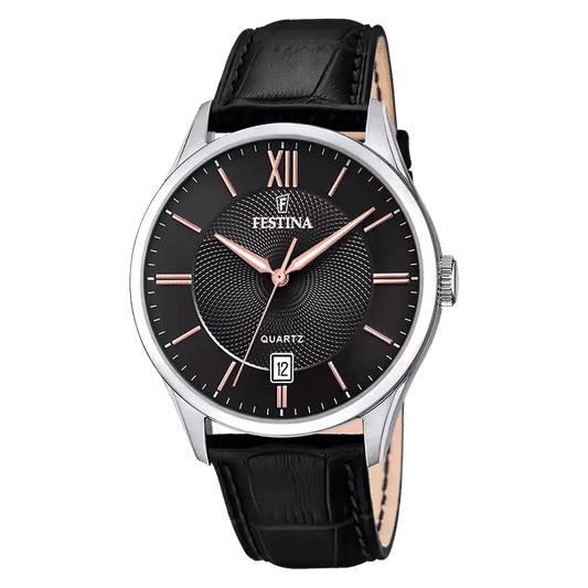 Festina Herrenuhr: schwarzes Zifferblatt, Lederarmband, Edelstahlgehäuse