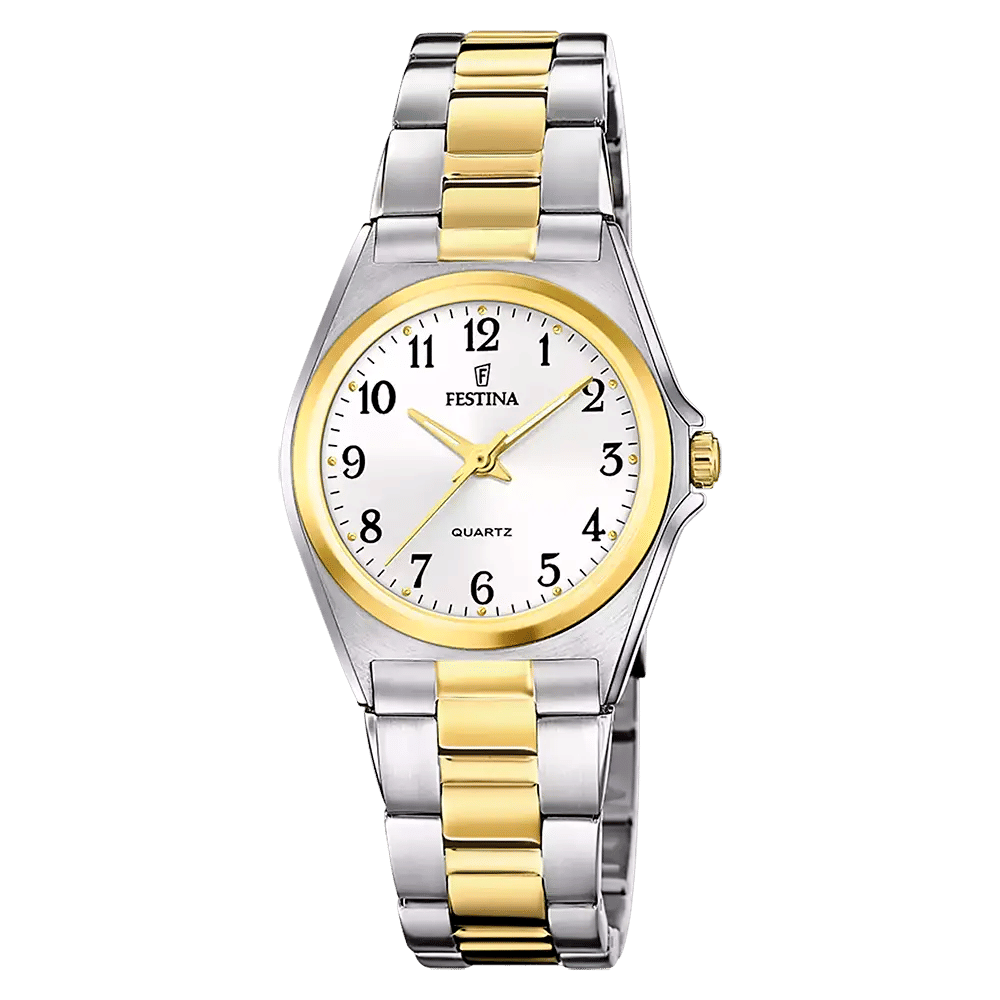 Silber-goldene Damenarmbanduhr mit rundem Zifferblatt und zweifarbigem Edelstahlarmband