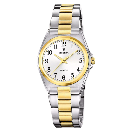 Silber-goldene Damenarmbanduhr mit rundem Zifferblatt und zweifarbigem Edelstahlarmband