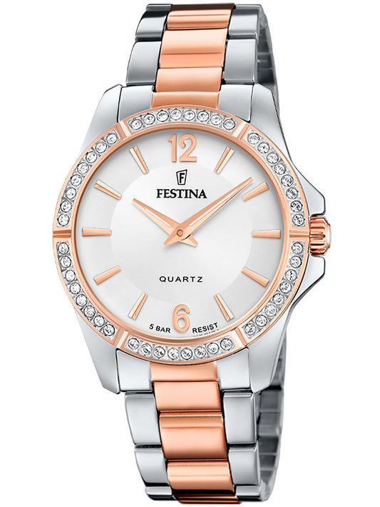 Bicolor-Damenuhr mit weißem Zifferblatt, Zirkonsteinen an der Lünette und Metallarmband