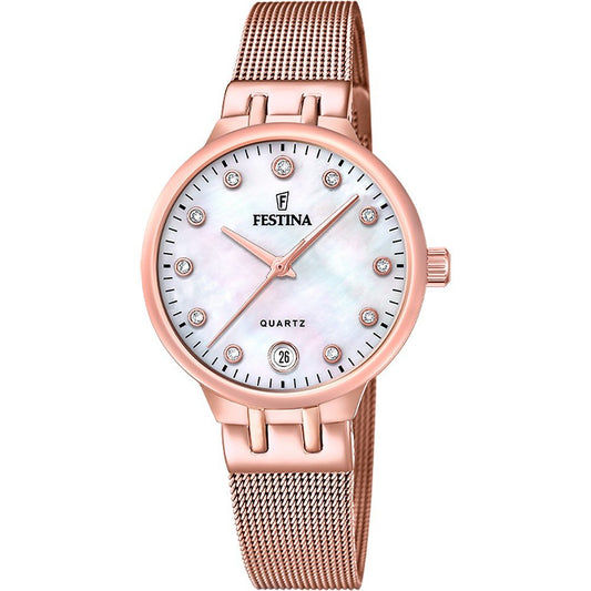 Festina Damen-Armbanduhr, Roségold-Milanaiseband, rundes Gehäuse, weißes Zifferblatt