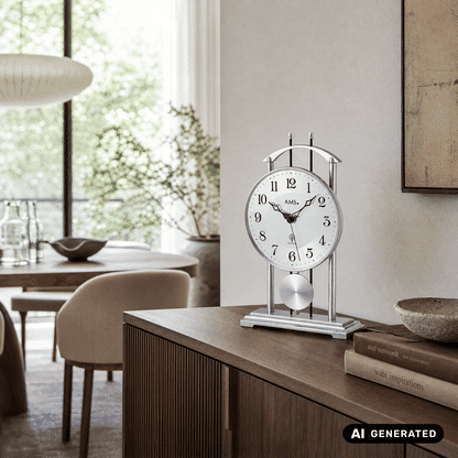 Tischuhr mit weißem Ziffernblatt, pendelndem Gewicht und Funkuhr-Mechanik, silber