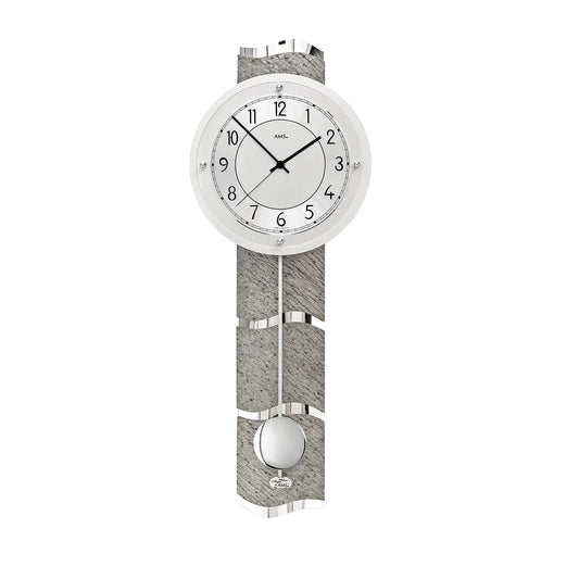 Pendel-Wanduhr mit rundem Zifferblatt und grauem Steinband, Pendel mit Kugel