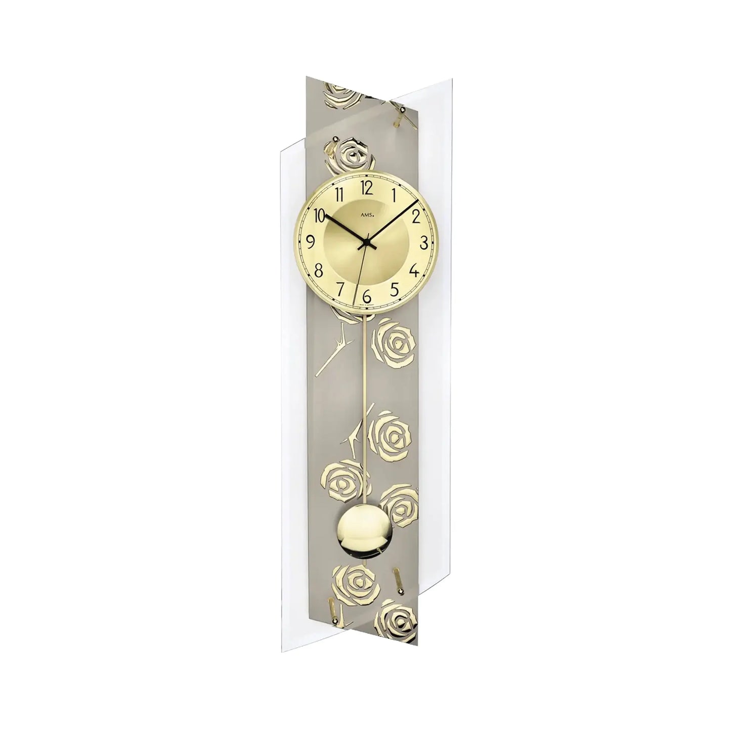 Wanduhr im Mineralglas mit goldenen Rosen, Pendelstab und analogem Ziffernblatt