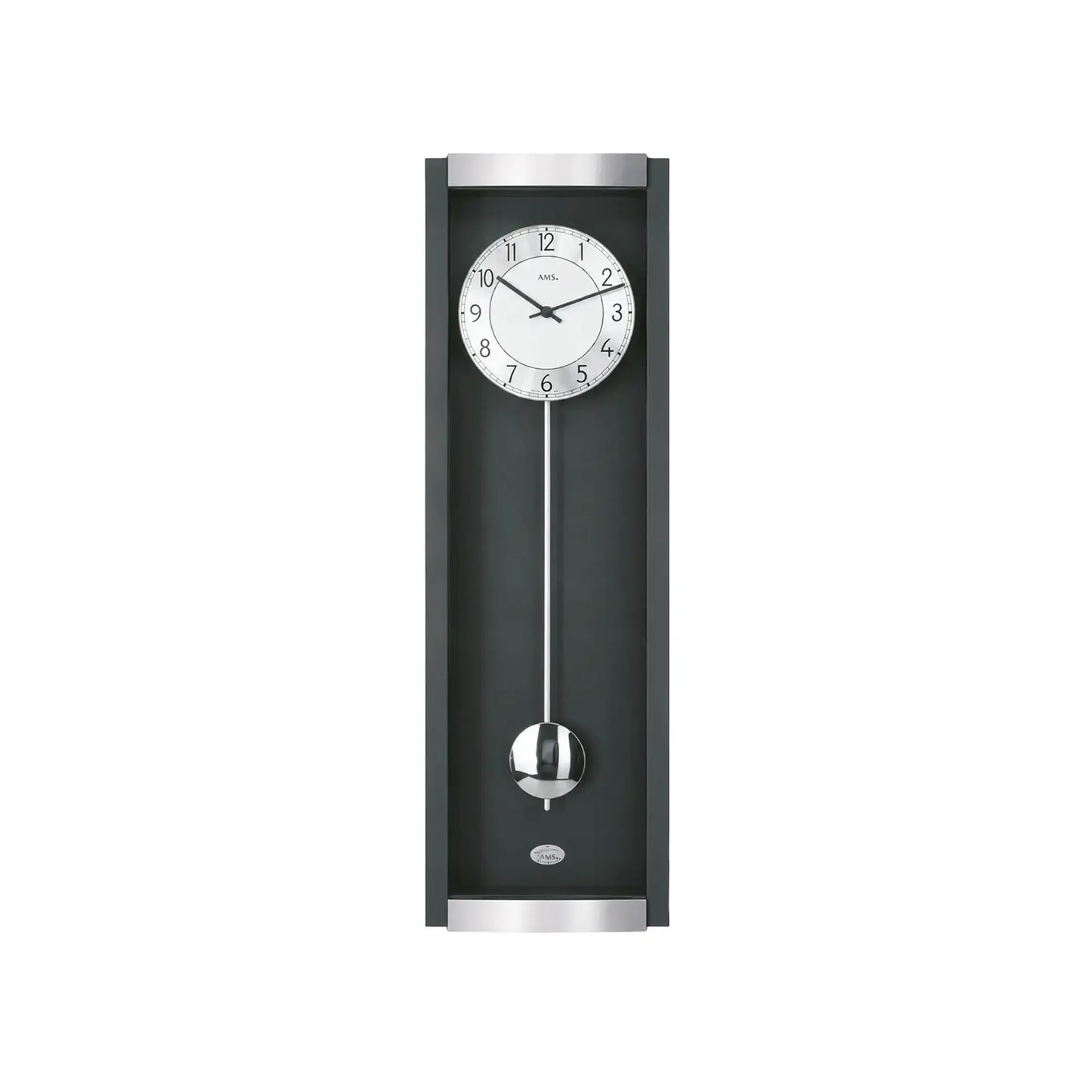 Wanduhr mit schwarzem Rahmen, rundem Ziffernblatt und sichtbarem Pendel