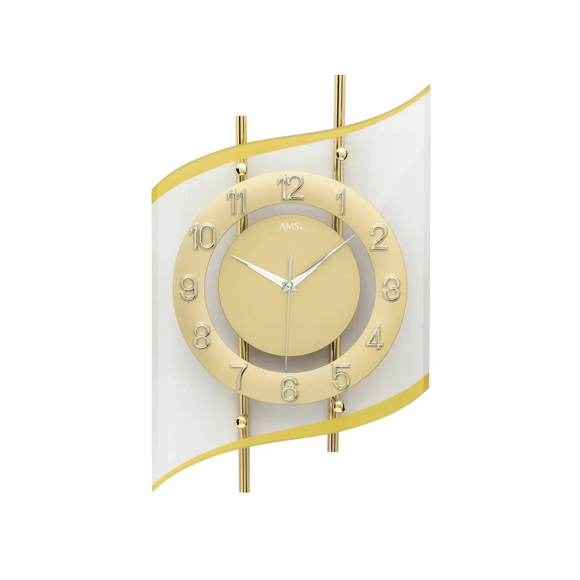 Goldfarbene Wanduhr mit rundem Zifferblatt und Mineralglas-Abdeckung