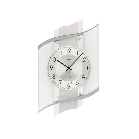 Wanduhr mit rundem Zifferblatt, geschwungenem Holzrahmen und Facetten-Glas