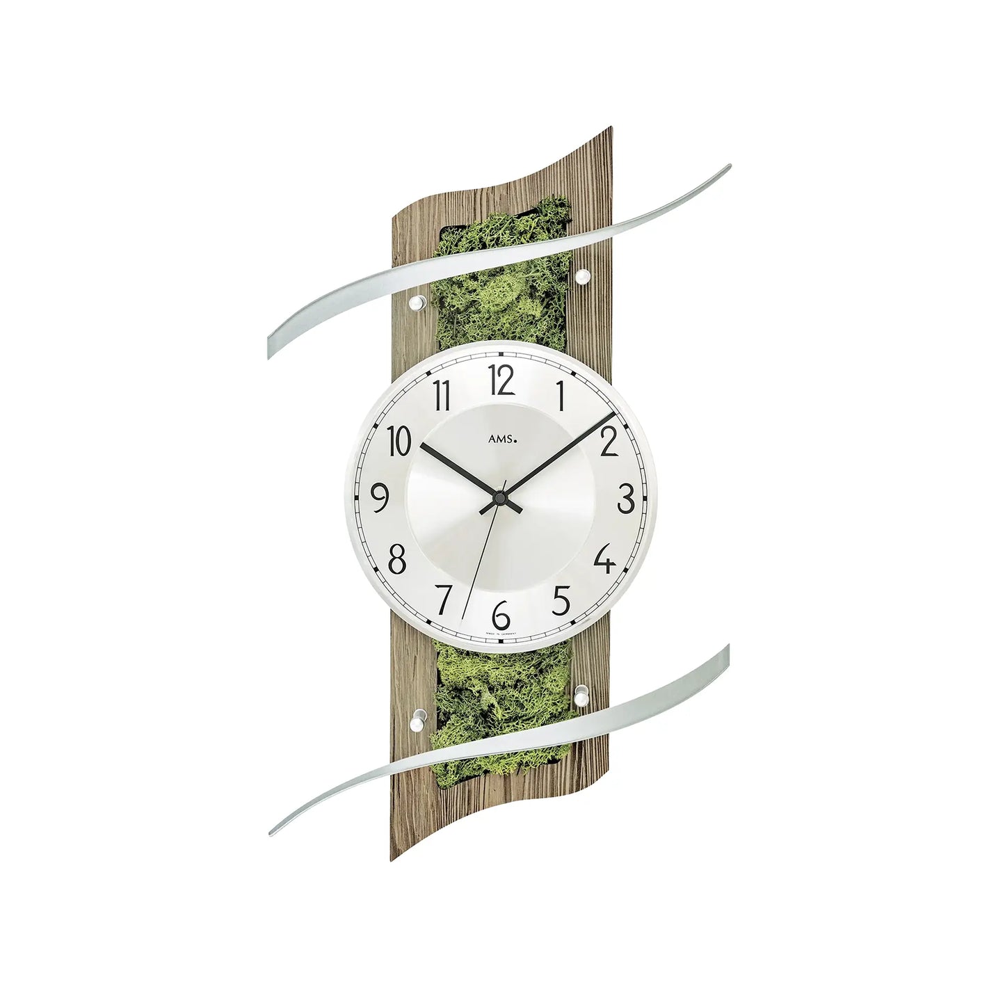 Wanduhr mit rundem Zifferblatt, Glasfront und Holzrückwand, facettiertes Design