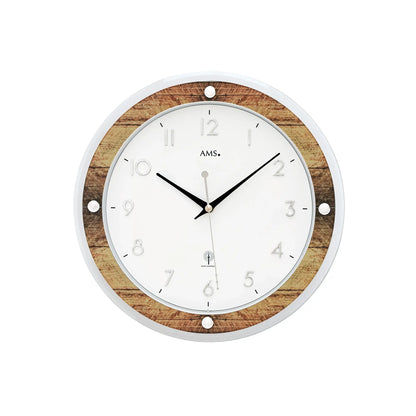 AMS Funkwerk Wanduhr: weißes Zifferblatt, schwarze Zeiger, brauner Holzrand und silberner Rahmen