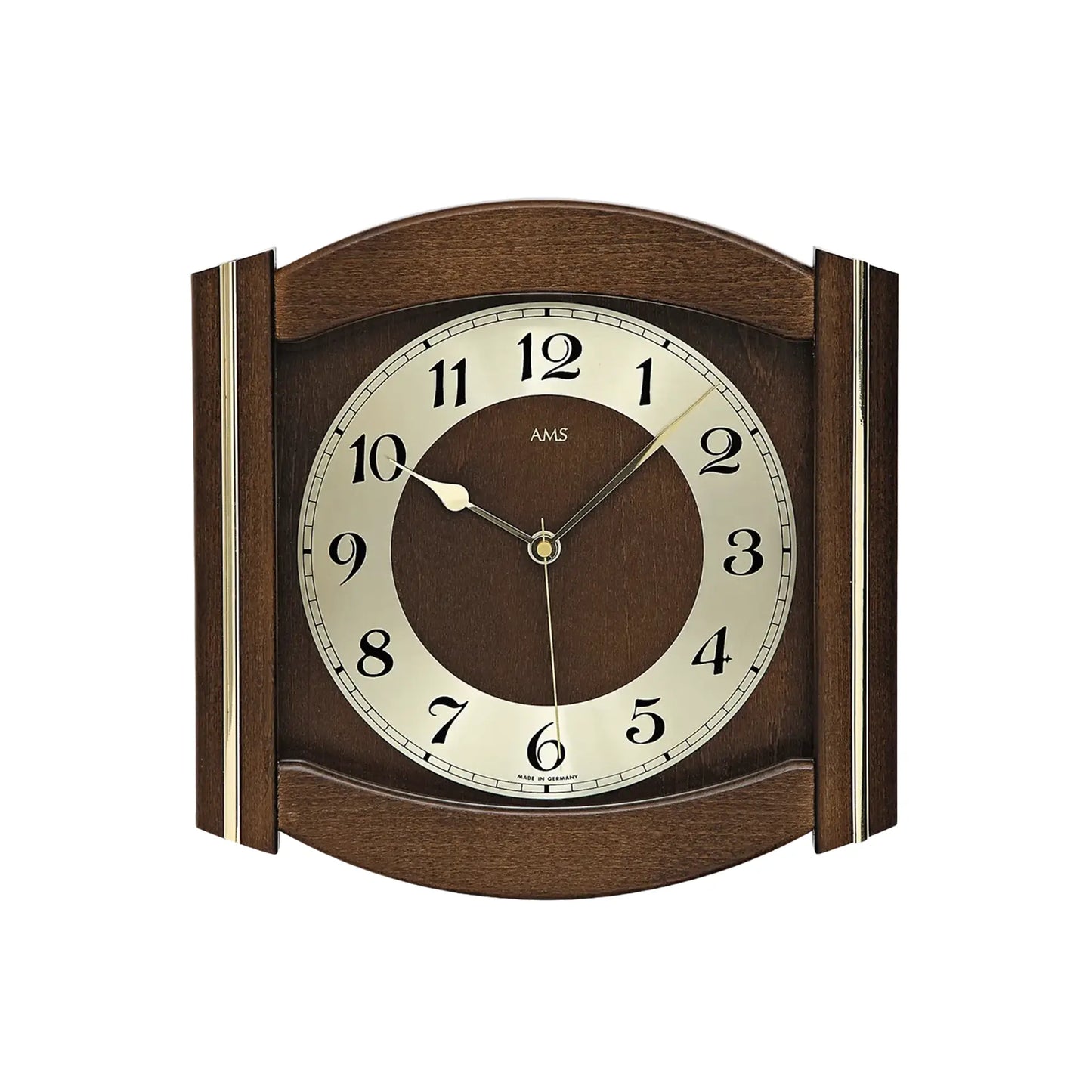 Wanduhr mit Nussbaum-Holzgehäuse, Mineralglas, rundem braunem Zifferblatt und Zeigern