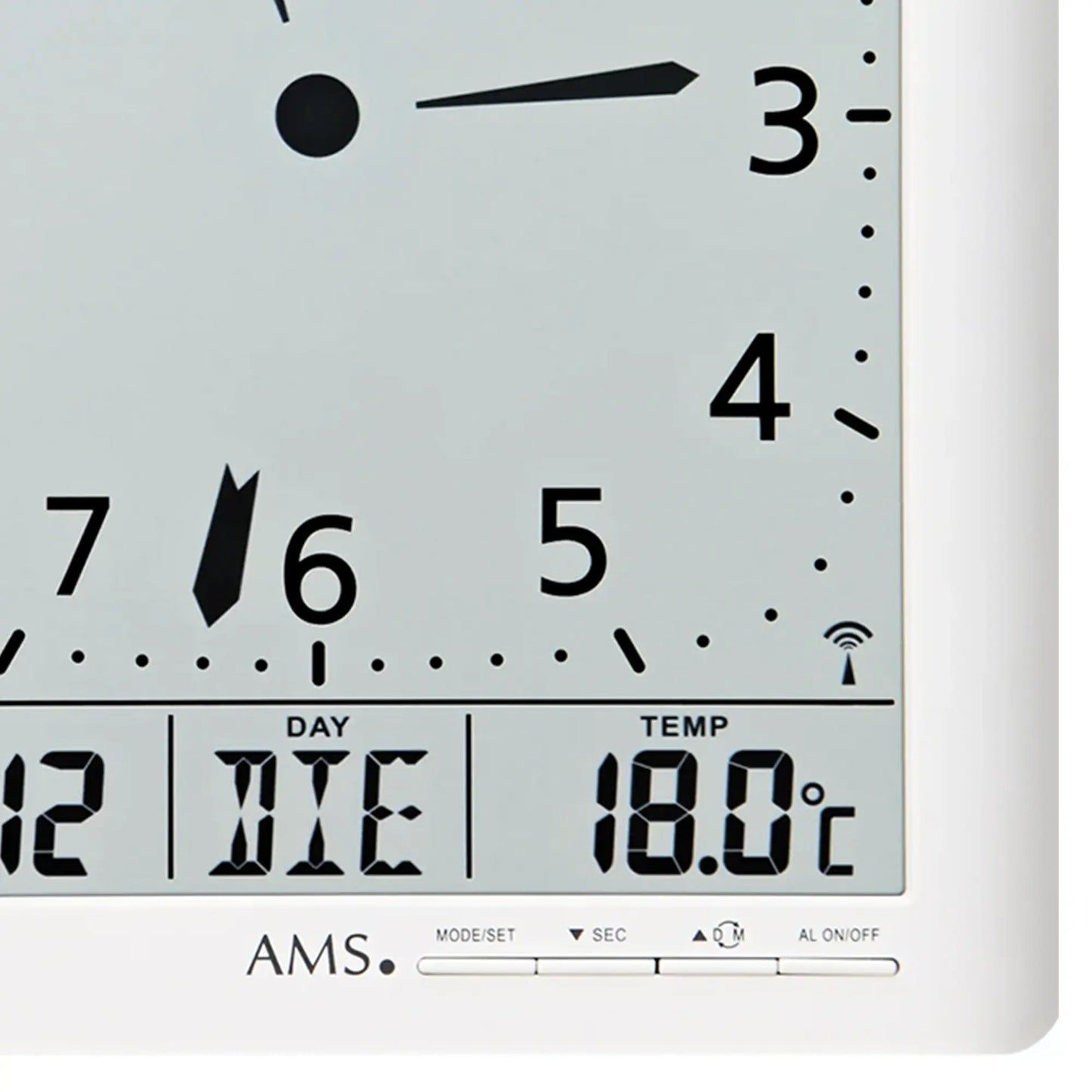 Weiße Funk-Wanduhr mit analogem Zifferblatt und digitaler Anzeige für Uhrzeit, Datum, Temp.
