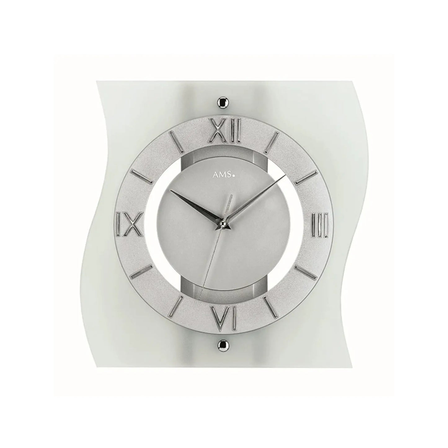 Wanduhr mit silbernem Ziffernring, römischen Aufsatz-Zahlen und Zeigern