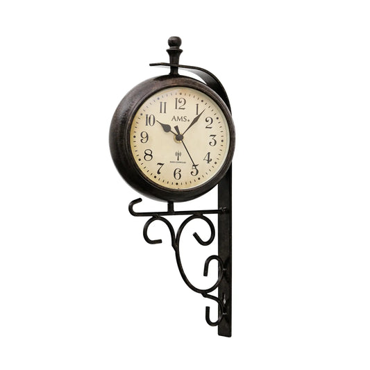 Runde Wanduhr aus dunklem Metall, Glasziffernblatt, Temperaturanzeige, AMS