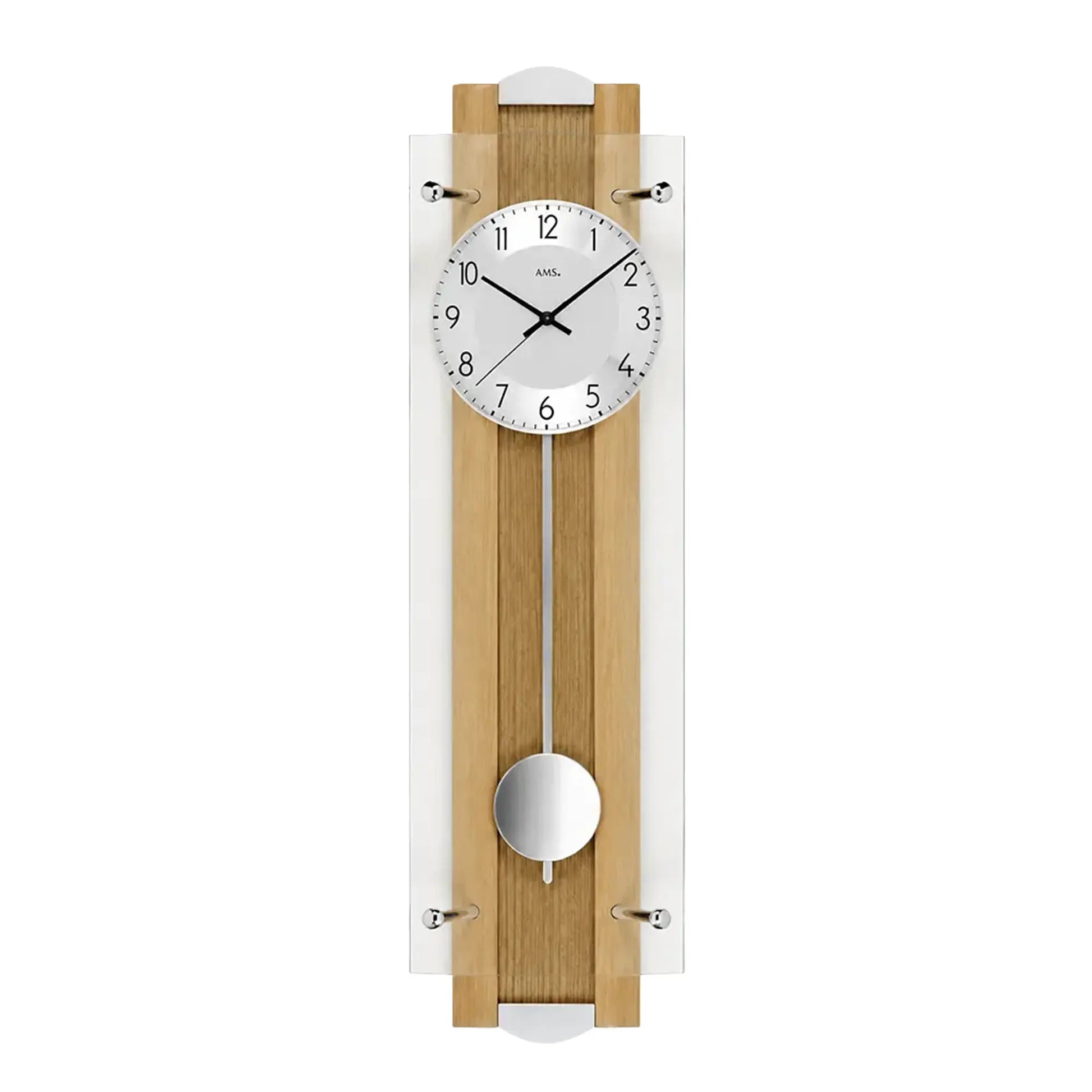 Pendel-Wanduhr mit rundem Zifferblatt, Buchenholzleisten und weißem Pendel unten