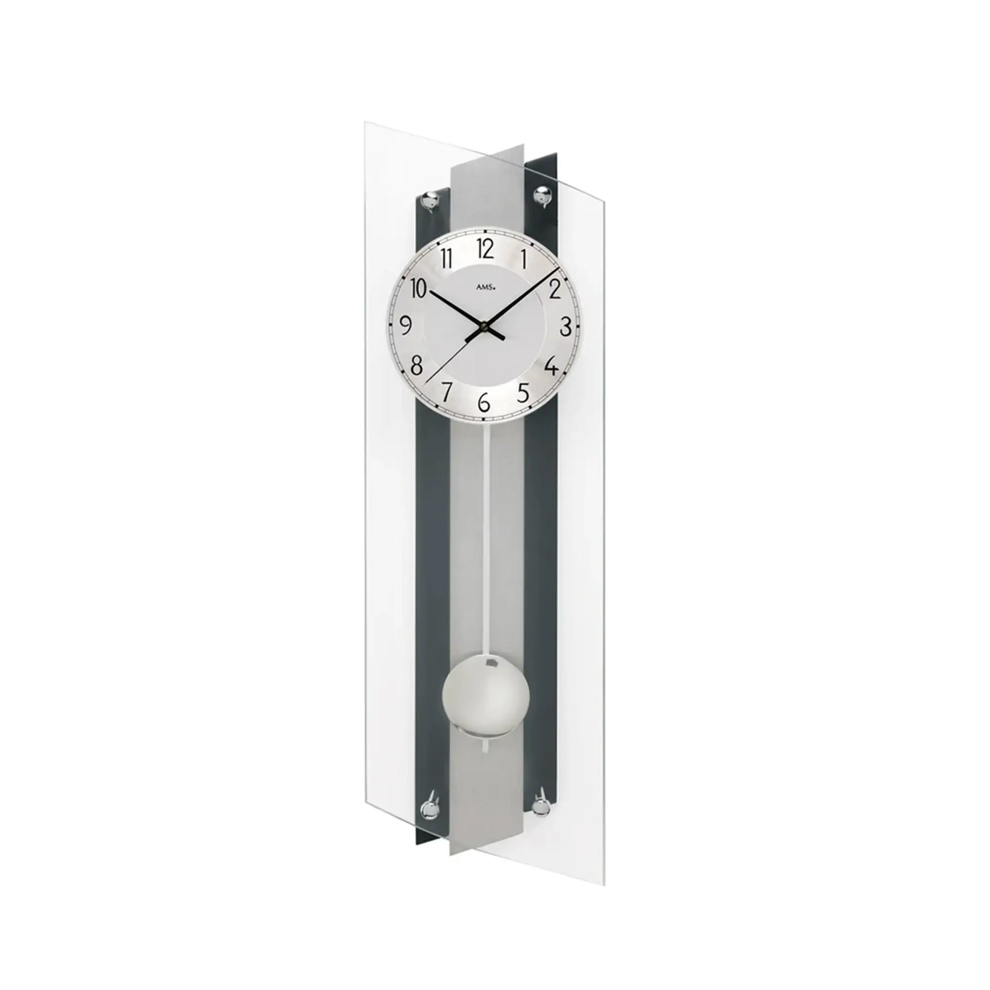 Wanduhr mit rundem Zifferblatt, schwarzen Akzenten und sichtbarer Pendelkugel