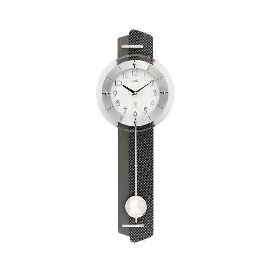 Funk-Pendelwanduhr mit rundem Zifferblatt, silbernen Zeigern, anthrazitem Band und Pendelkugel