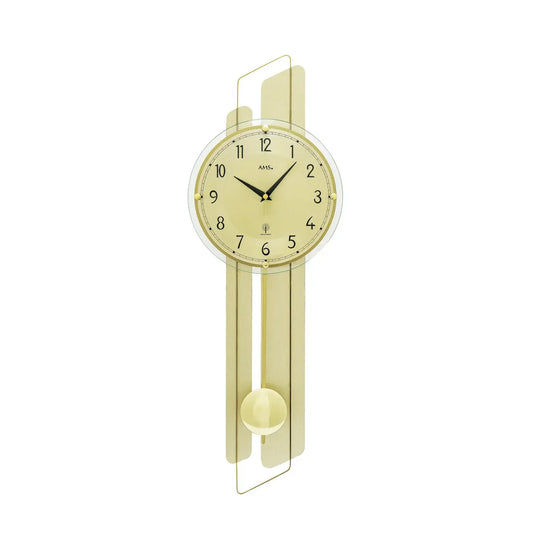 Wanduhr AMS mit goldfarbener Messingauflage, rundes Ziffernblatt hinter Glasfront