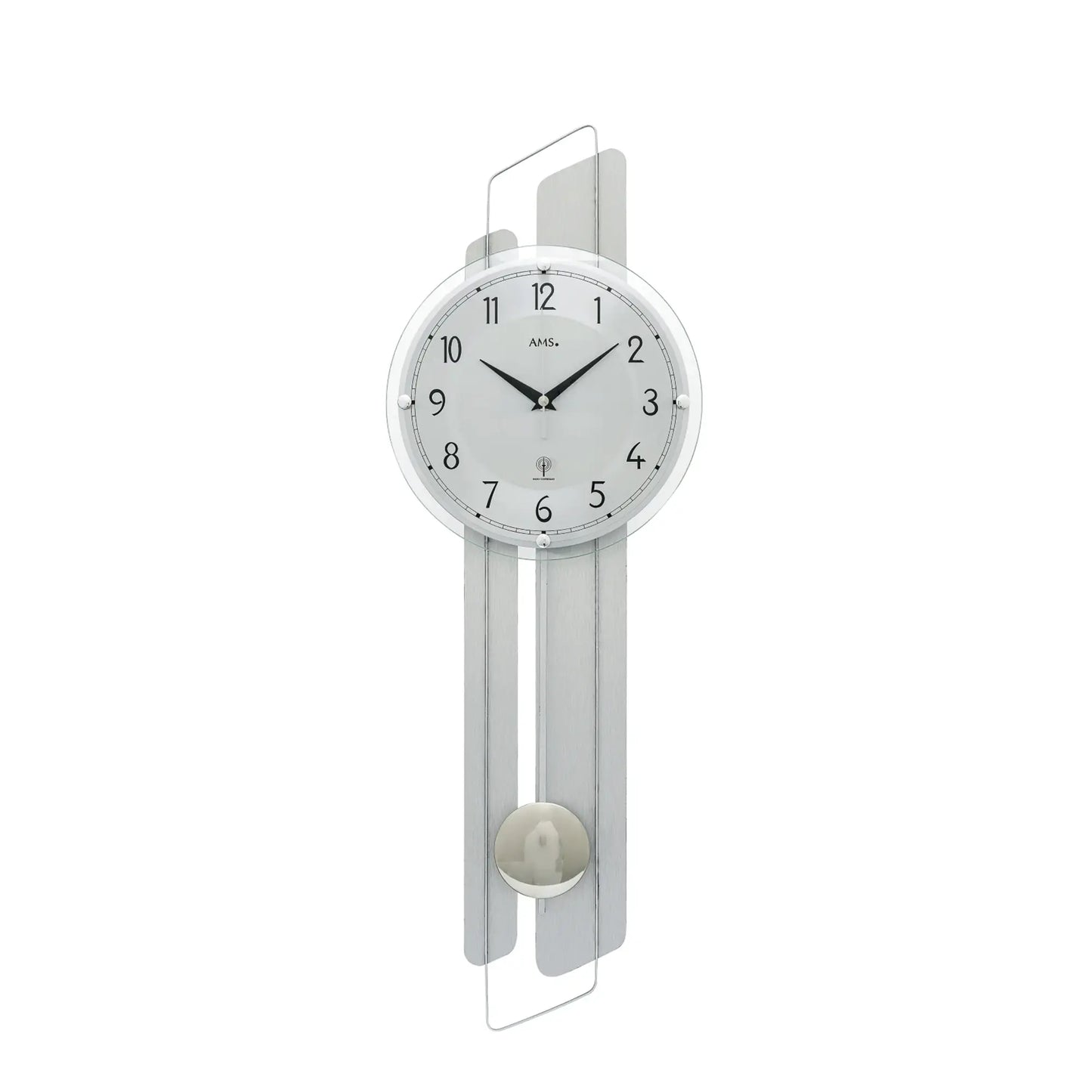 Wanduhr mit Aluminium-Gehäuse, rundem Zifferblatt und Glasabdeckung des Pendelwerks