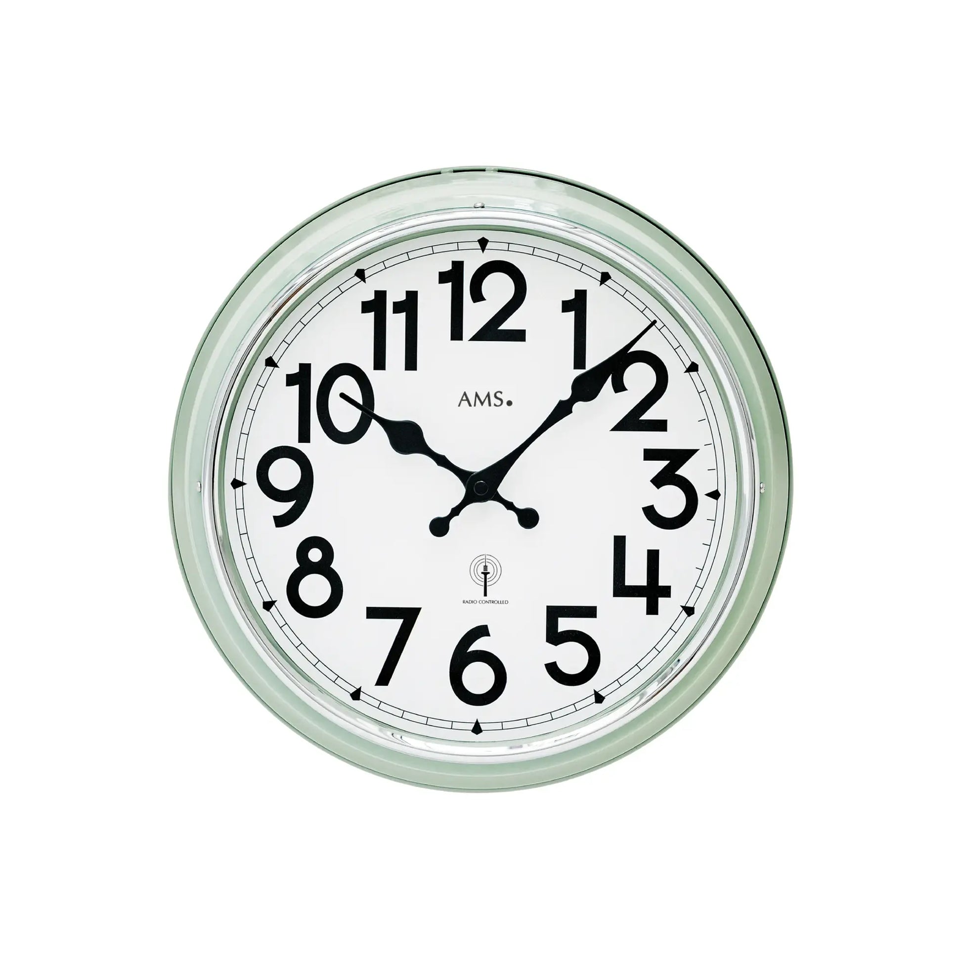 Wanduhr rund mit mintfarbenem Rahmen, Mineralglas, schwarzem Ziffernblatt und AMS