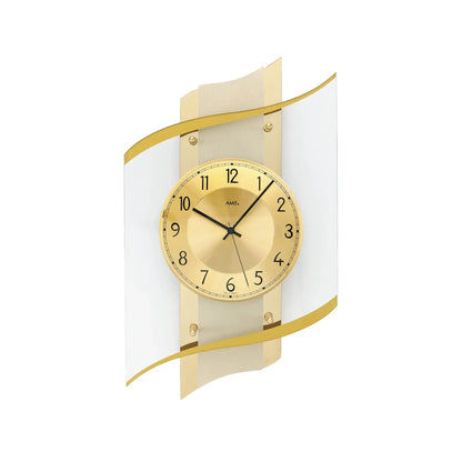 Funk-Wanduhr mit goldenem Rahmen und beigem Zifferblatt im Glas-Look