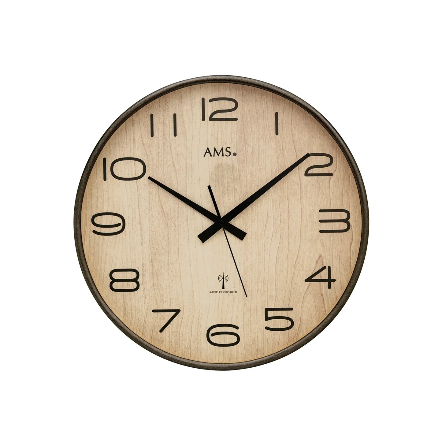 AMS Wanduhr mit Holz-Zifferblatt, schwarzem Rahmen und Mineralglas, römische Ziffern