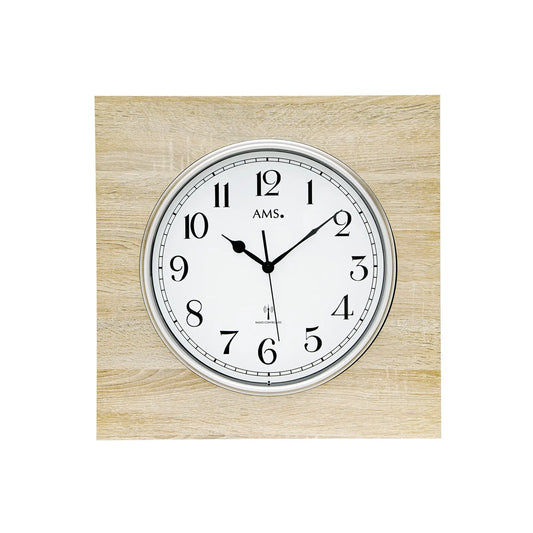Funk-Wanduhr mit Holzrahmen Sonoma, rundem Zifferblatt, Mineralglas und silberner Umrandung