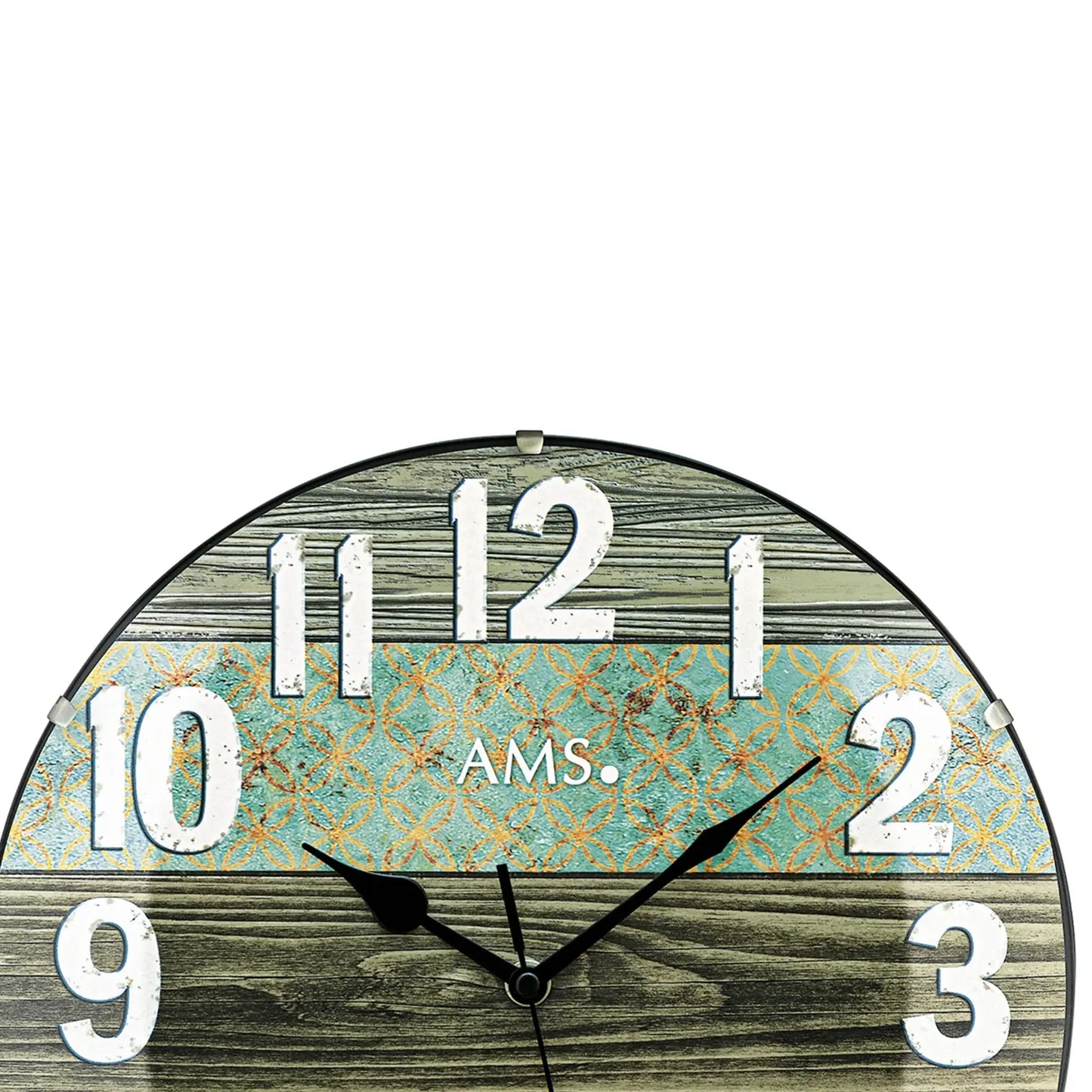 Runde AMS Funk-Wanduhr mit schwarzem Rand, grünem Holz-Look und weißen Ziffern