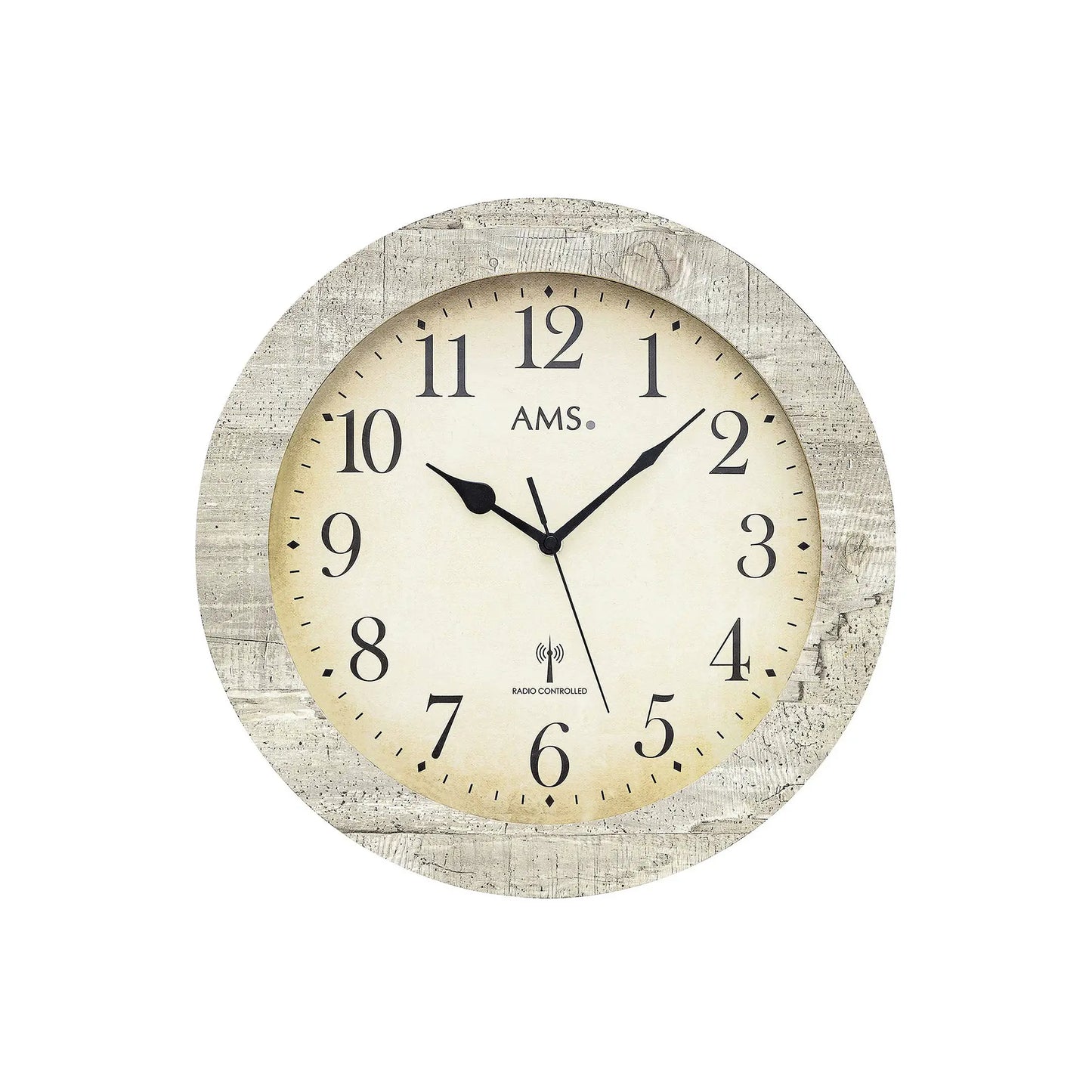 Runde AMS Funk-Wanduhr mit beigem Zifferblatt, schwarzen Zahlen und grauem Rahmen