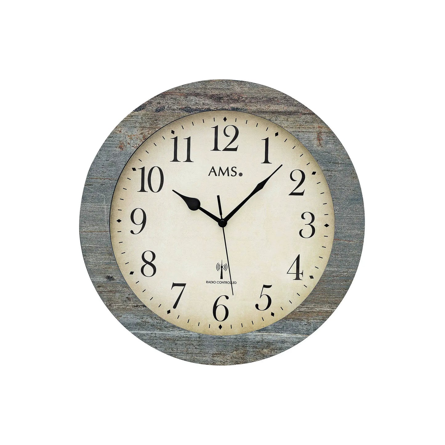 Funk-Wanduhr rundes blau-graues Gehäuse, weißes Zifferblatt mit AMS und schwarzen Zeigern