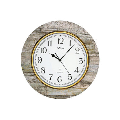 AMS Funk-Wanduhr mit weißem Ziffernblatt, schwarzen Ziffern und goldener Umrandung