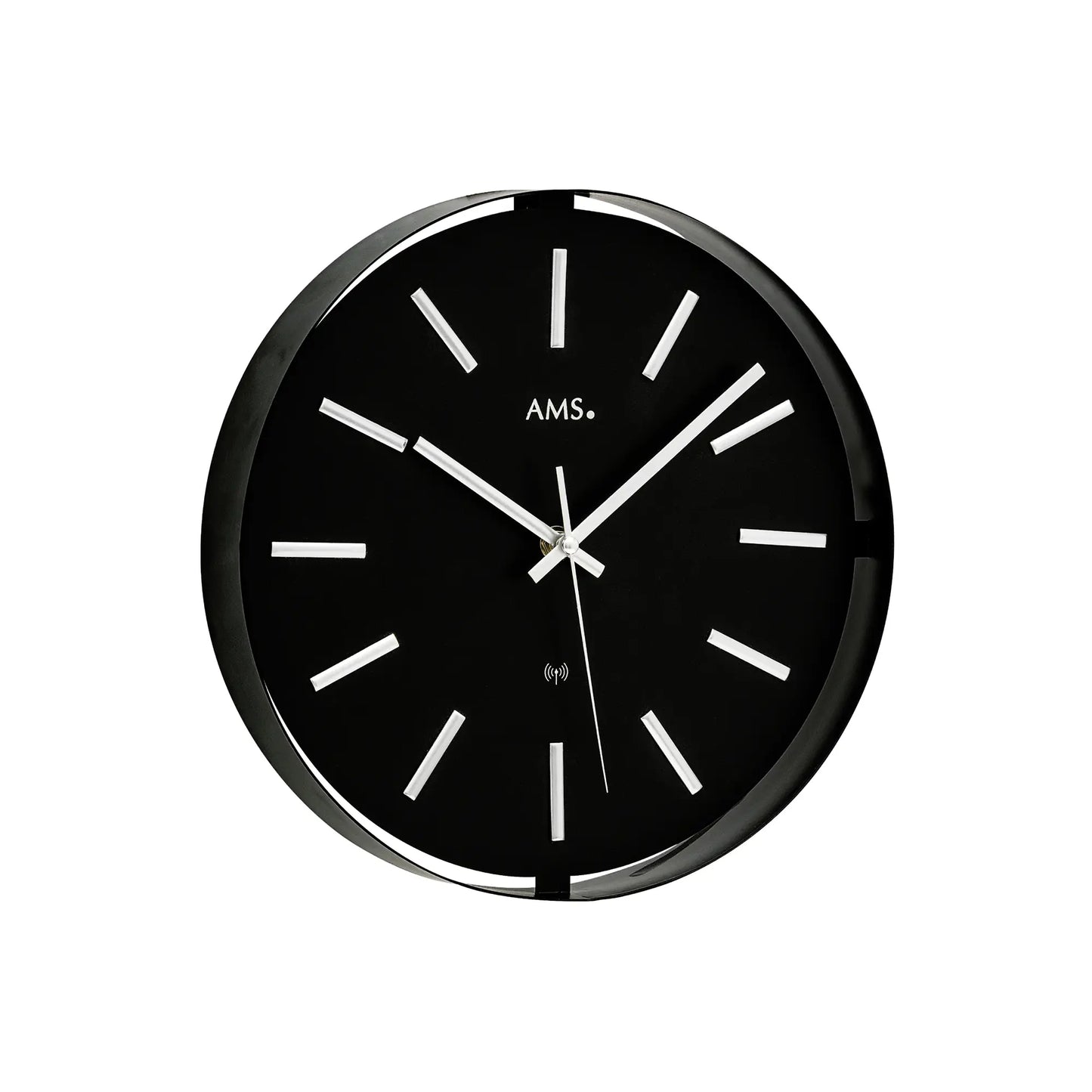 AMS Funk-Wanduhr: schwarzes Zifferblatt, silberner Ring und Strichindizes