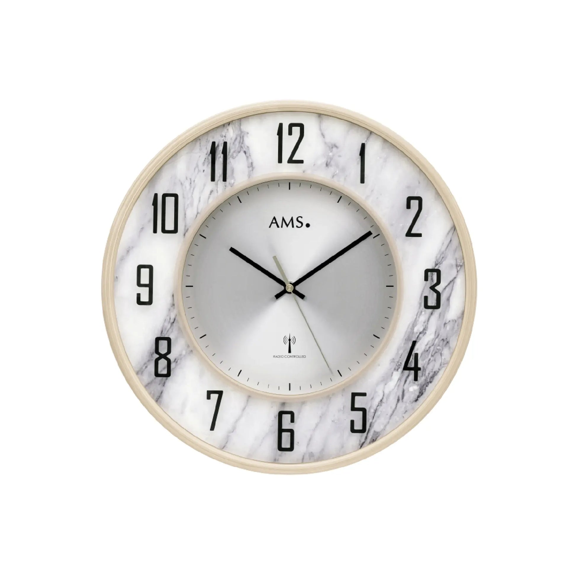 Runde AMS Funk-Wanduhr mit marmorierter Einfassung, großen arabischen Ziffern und Mineralglas