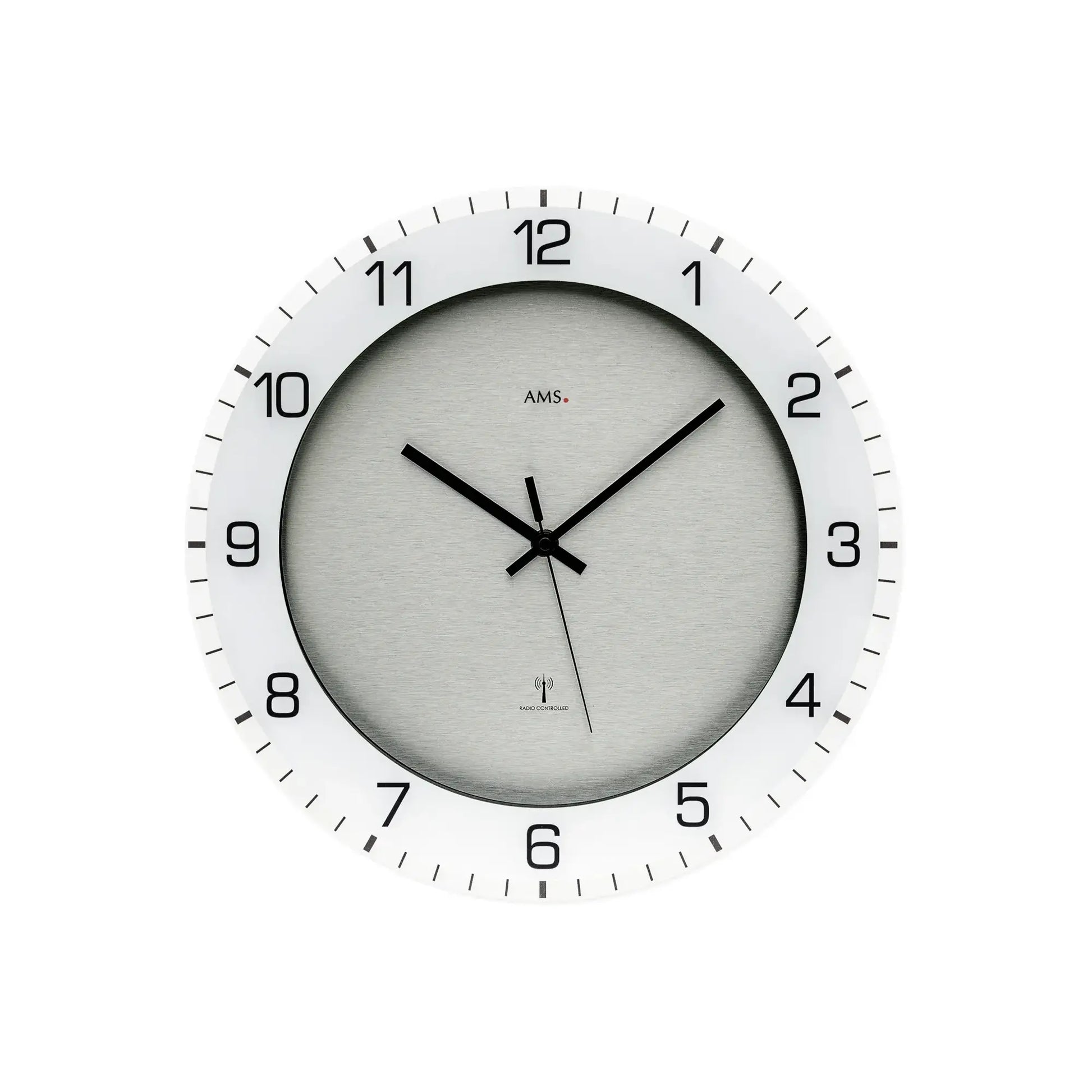 AMS Funk-Wanduhr, hellgraues Zifferblatt mit schwarzem Minuten- und Stundenzeiger