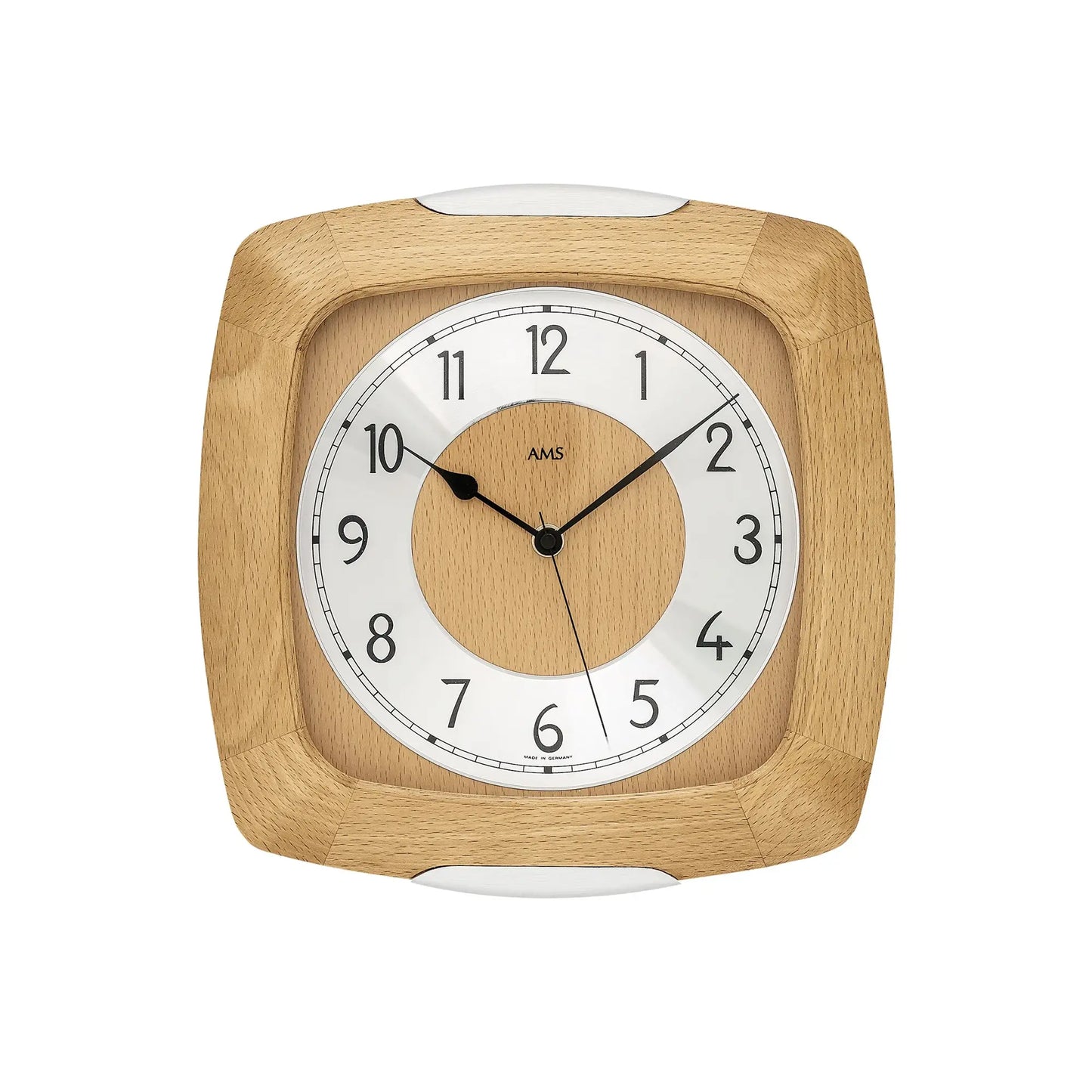 Funk-Wanduhr mit Holzrahmen und Mineralglas-Front, rundes Zifferblatt mit AMS-Logo