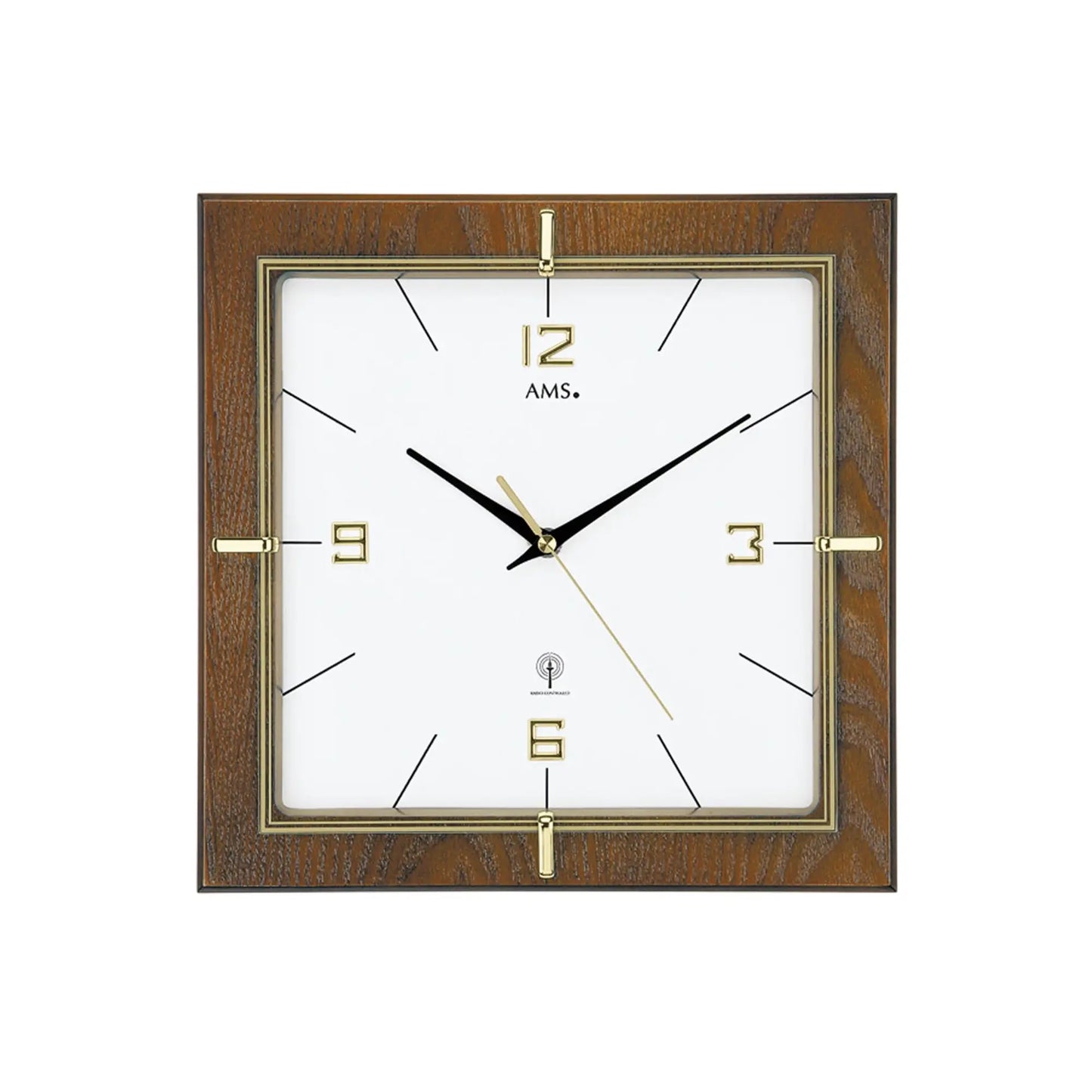 Wanduhr mit Nussbaumrahmen und Mineralglas, quadratisches Zifferblatt mit Golddekor