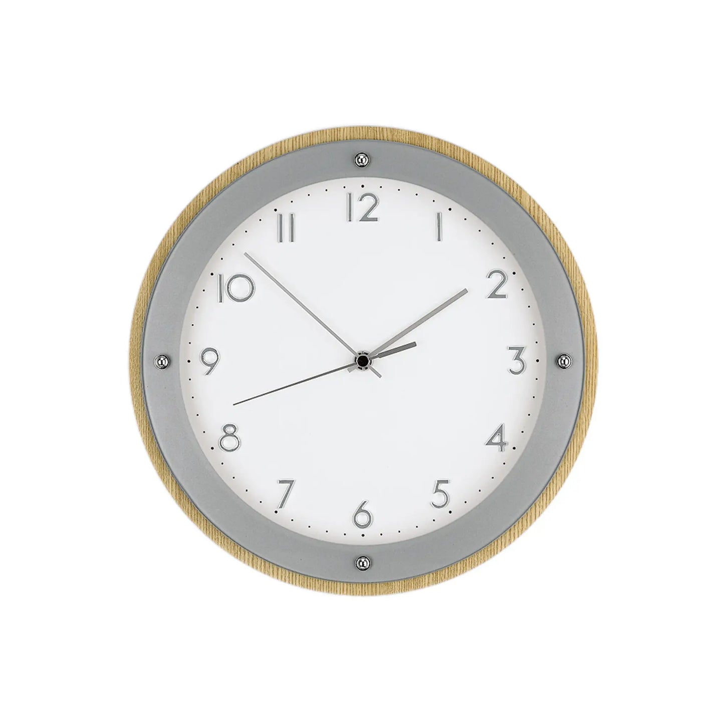 Wanduhr mit furniertem Holzrahmen, grauem Ziffernblatt und arabischen Ziffern